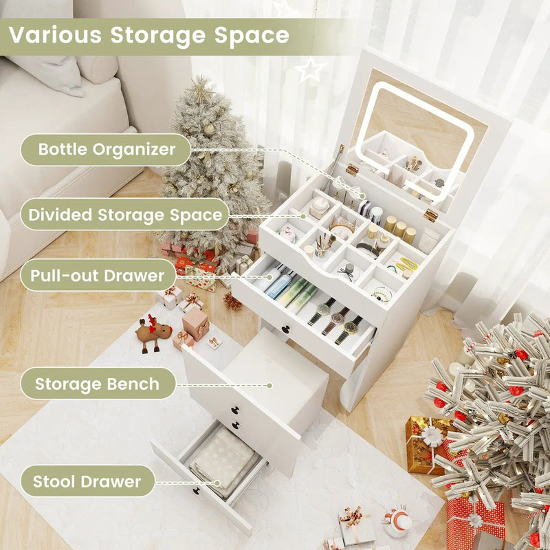 3-in-1 Vanity Set with Cushioned Stool and Flip-up Mirror-White by DirectDeals