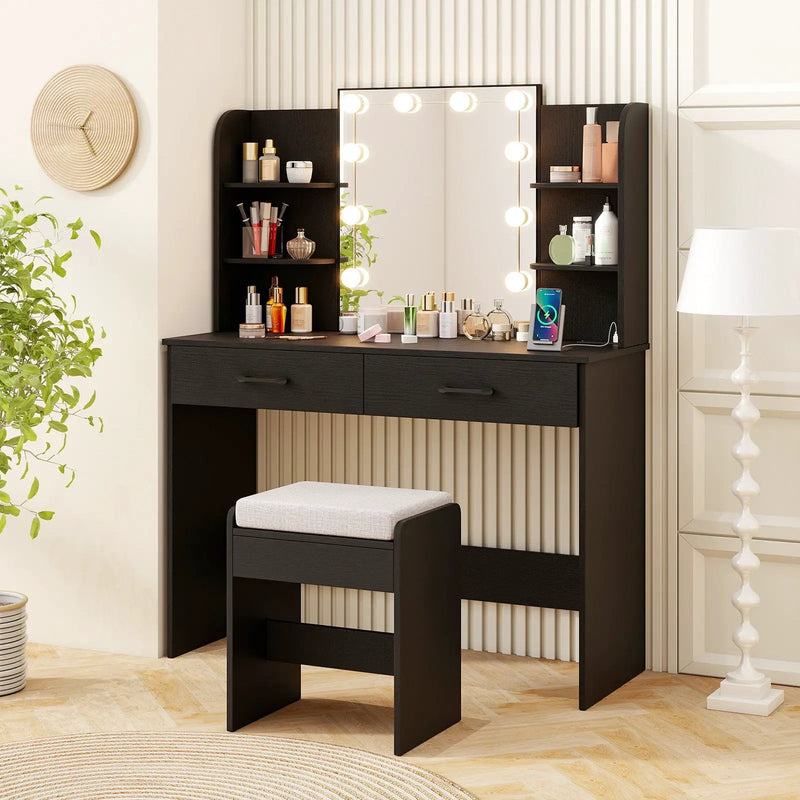 Vanity Set with Lighted Mirror and Stool with Power Outlet by DirectDeals