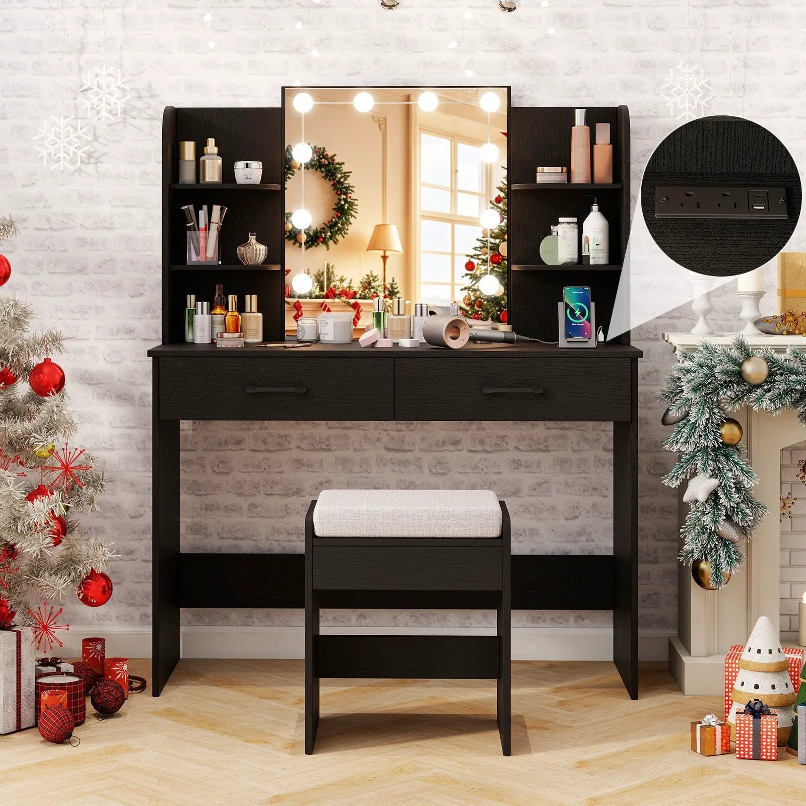 Vanity Set with Lighted Mirror and Stool with Power Outlet by DirectDeals
