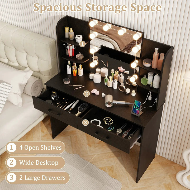 Vanity Set with Lighted Mirror and Stool with Power Outlet by DirectDeals