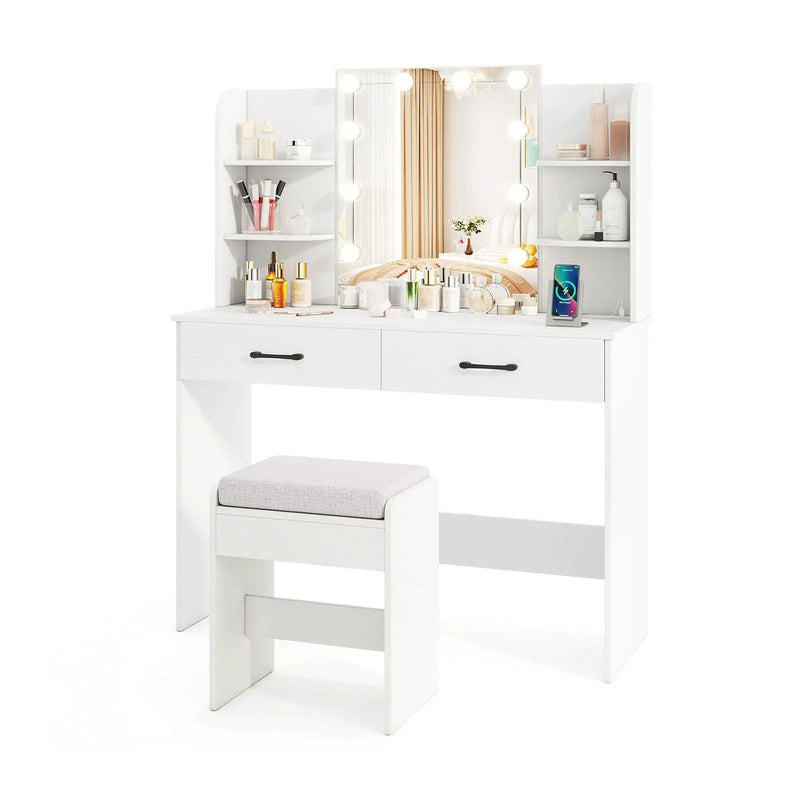 Vanity Set with Lighted Mirror and Stool with Power Outlet by DirectDeals