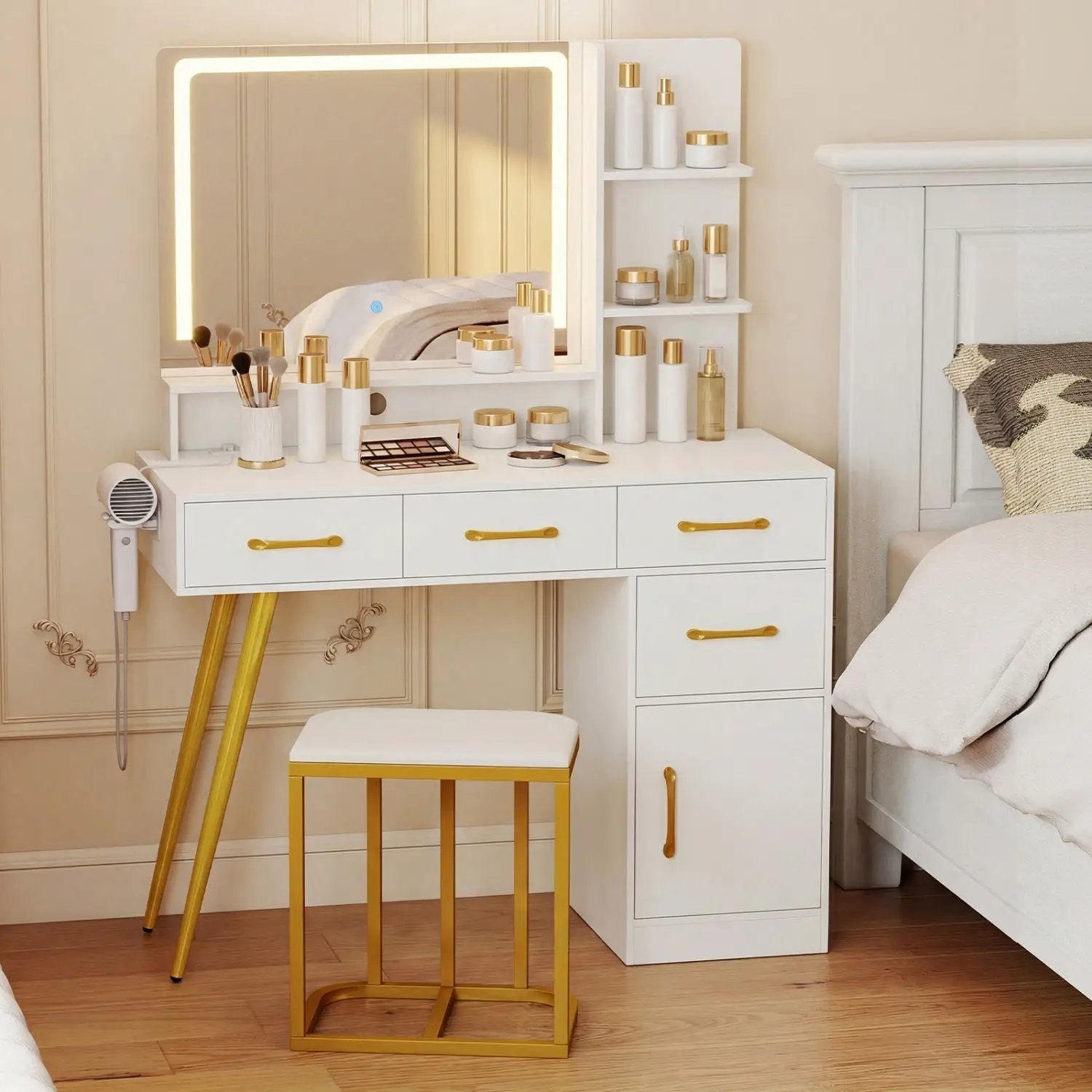 Vanity Set with Mirror and Lights and Table with Adjustable Brightness-White by DirectDeals