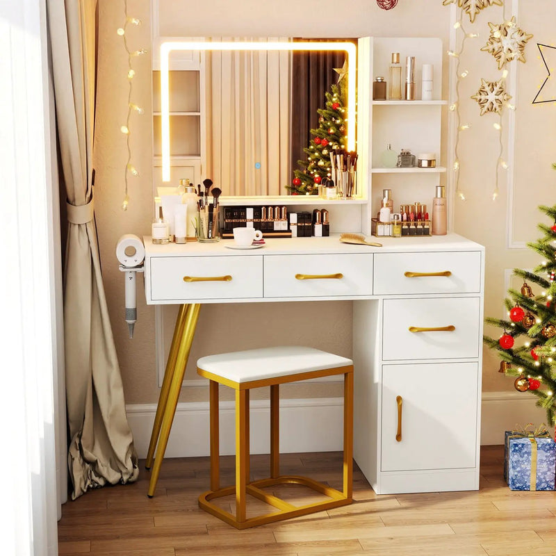 Vanity Set with Mirror and Lights and Table with Adjustable Brightness-White by DirectDeals