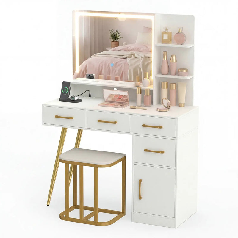 Vanity Set with Mirror and Lights and Table with Adjustable Brightness-White by DirectDeals