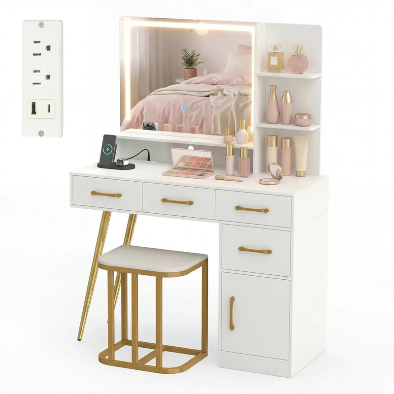 Vanity Set with Mirror and Lights and Table with Adjustable Brightness-White by DirectDeals