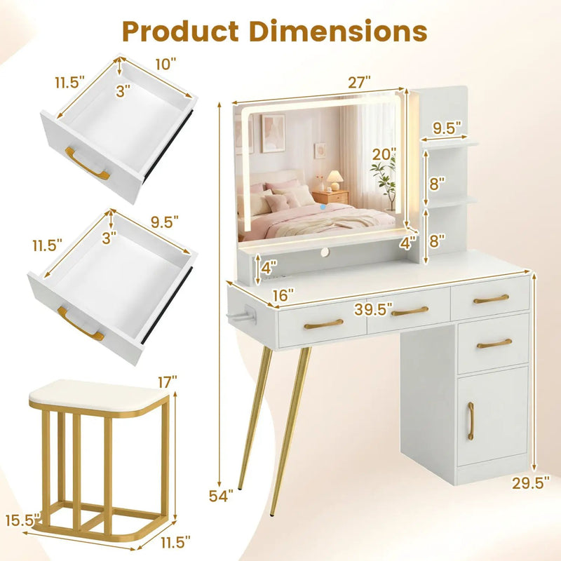 Vanity Set with Mirror and Lights and Table with Adjustable Brightness-White by DirectDeals