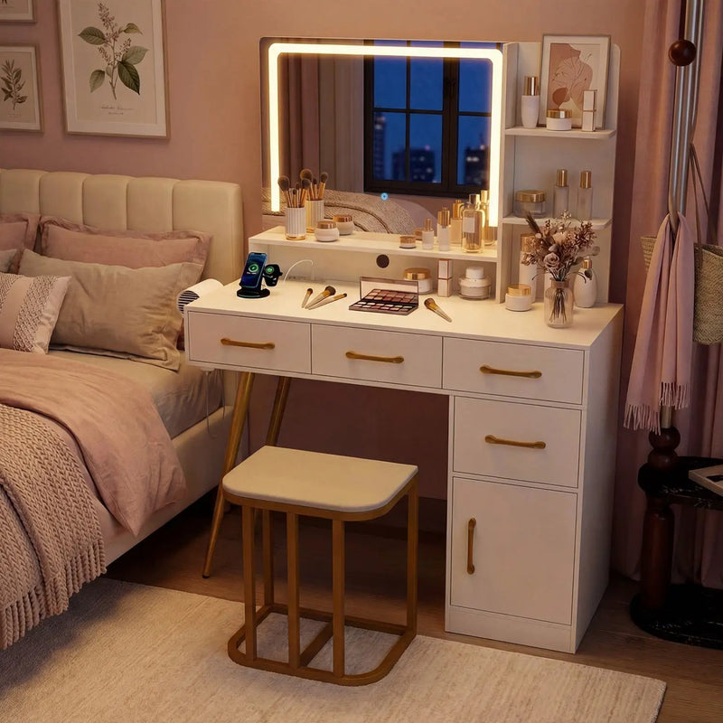 Vanity Set with Mirror and Lights and Table with Adjustable Brightness-White by DirectDeals