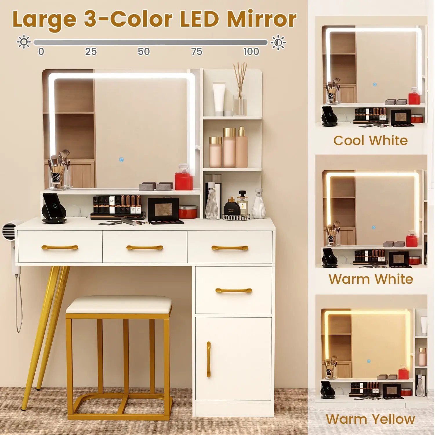 Vanity Set with Mirror and Lights and Table with Adjustable Brightness-White by DirectDeals