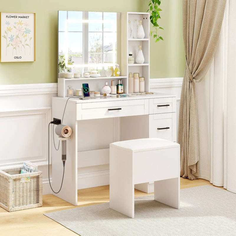 Vanity Stool Flip Top Storage Stool with Soft Padded Seat-White by DirectDeals