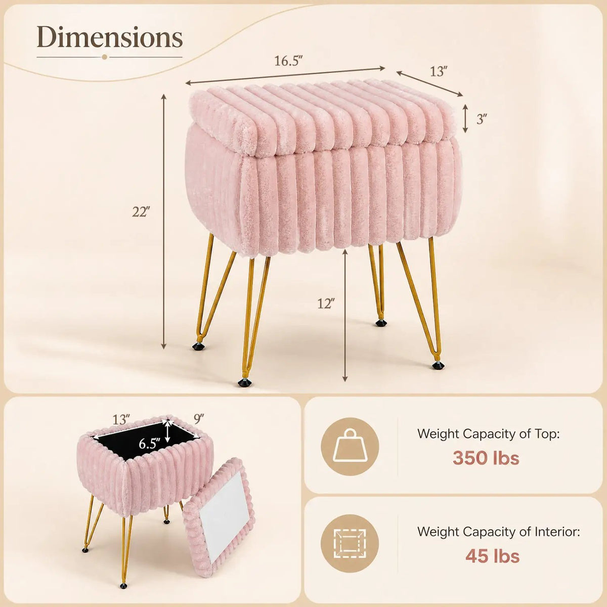 Vanity Stool with Storage and Reversible Lid - Pink by DirectDeals