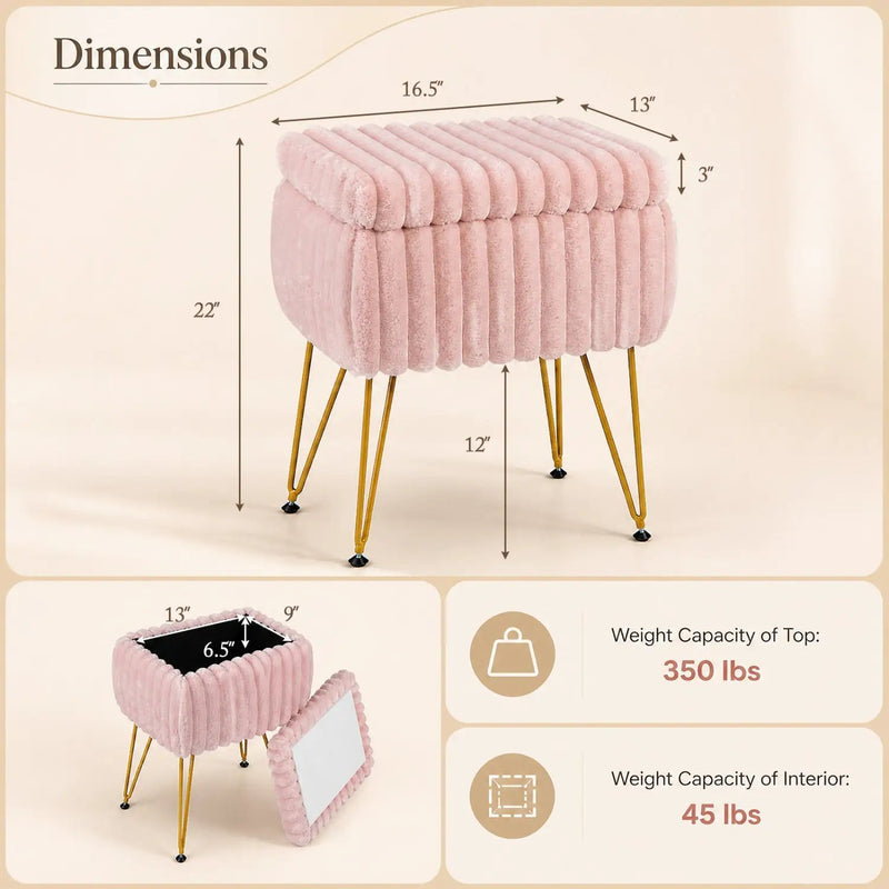 Vanity Stool with Storage and Reversible Lid - Pink by DirectDeals