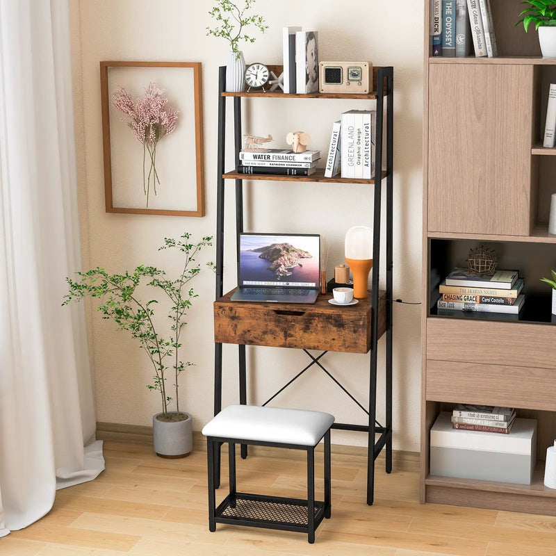 Ladder Vanity Desk Set with Flip Top Mirror and Cushioned Stool by DirectDeals