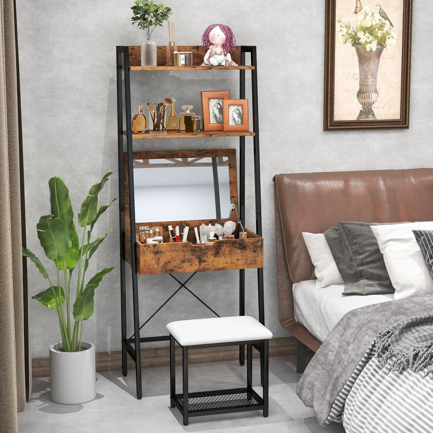 Ladder Vanity Desk Set with Flip Top Mirror and Cushioned Stool by DirectDeals
