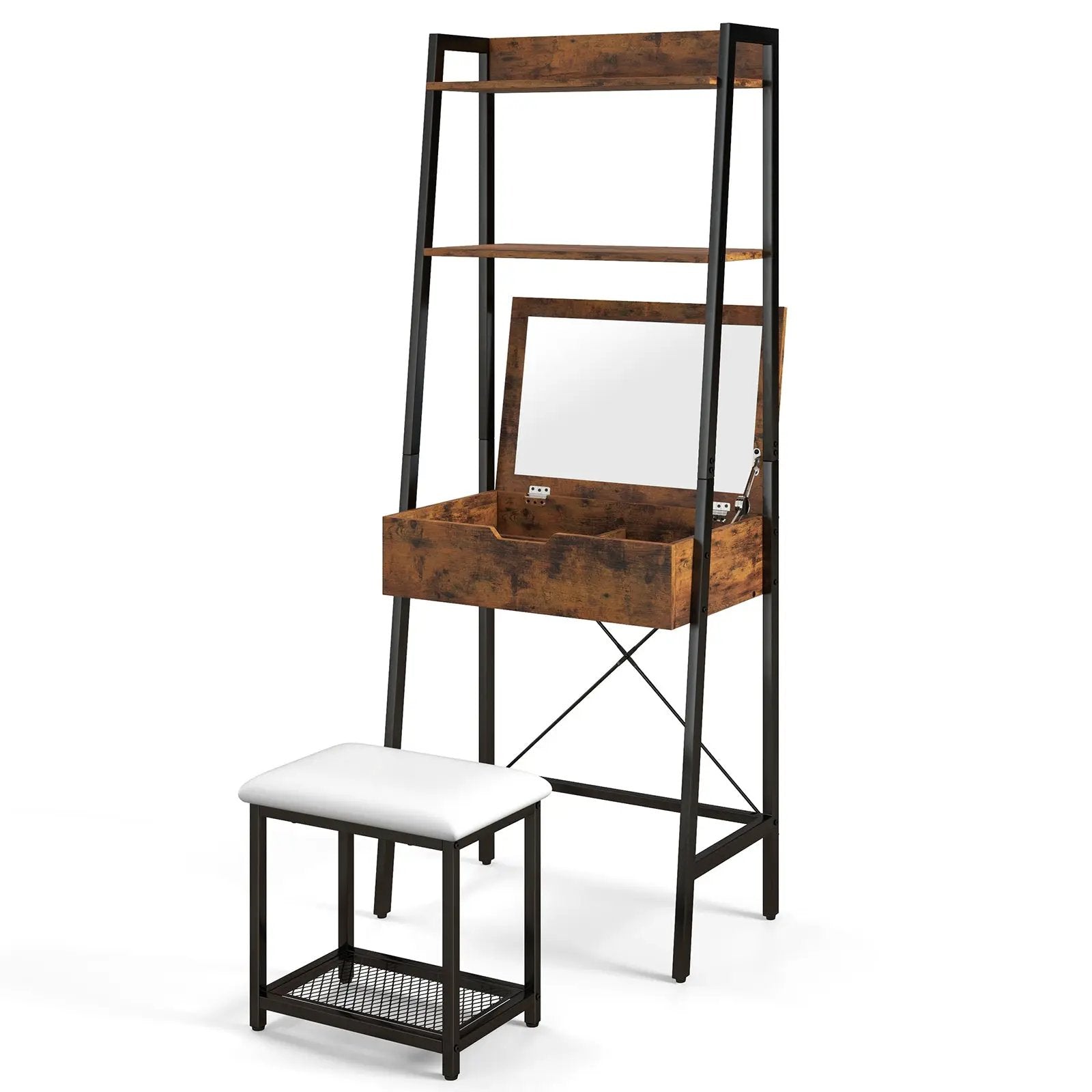 Ladder Vanity Desk Set with Flip Top Mirror and Cushioned Stool by DirectDeals