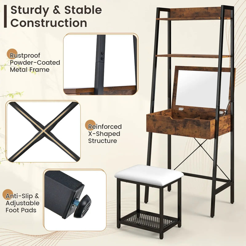 Ladder Vanity Desk Set with Flip Top Mirror and Cushioned Stool by DirectDeals