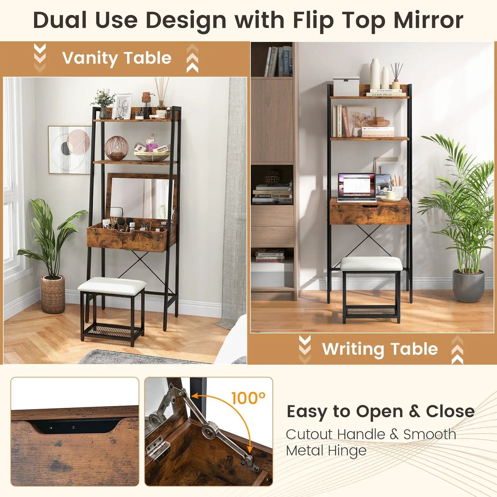 Ladder Vanity Desk Set with Flip Top Mirror and Cushioned Stool by DirectDeals