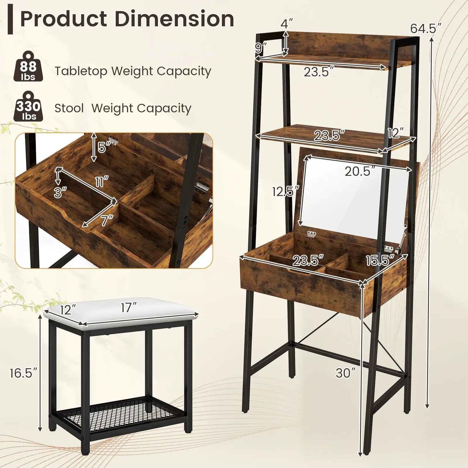 Ladder Vanity Desk Set with Flip Top Mirror and Cushioned Stool by DirectDeals