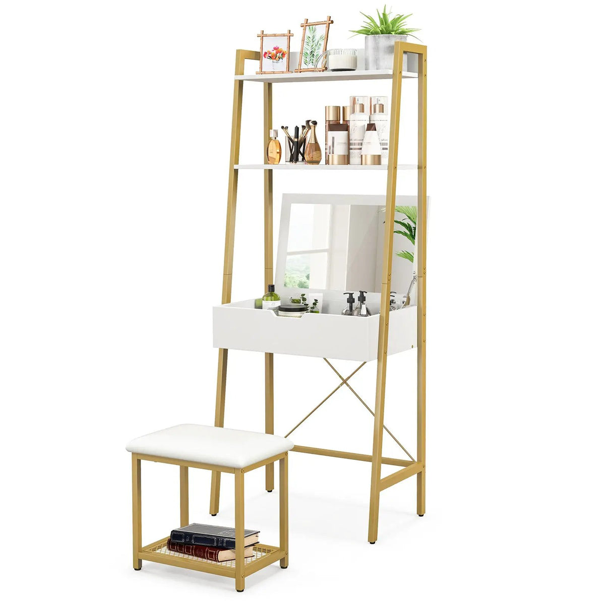 Ladder Vanity Desk Set with Flip Top Mirror and Cushioned Stool by DirectDeals