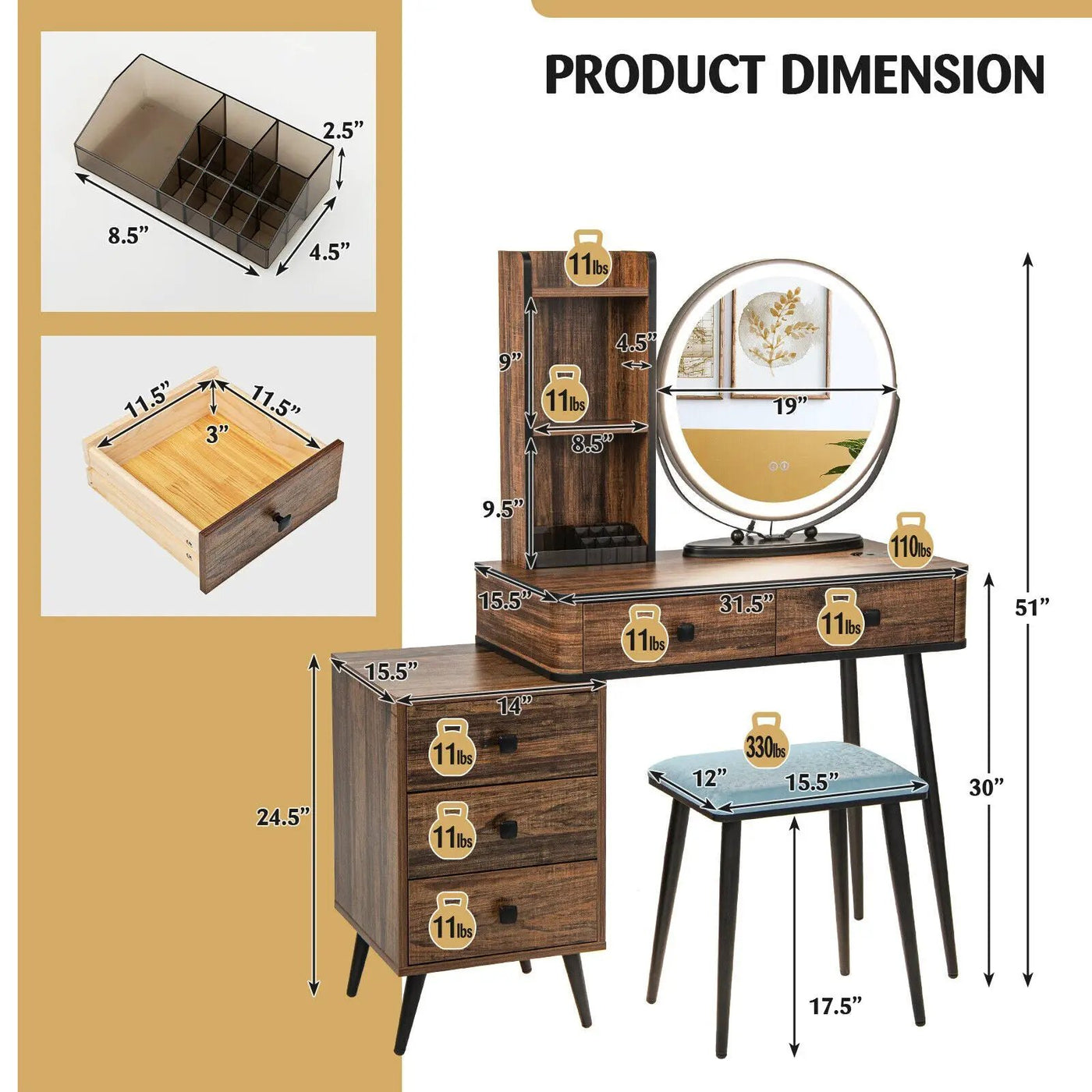 Vanity Table Set with 3-Color Lighted Mirror and Cushioned Stool by DirectDeals