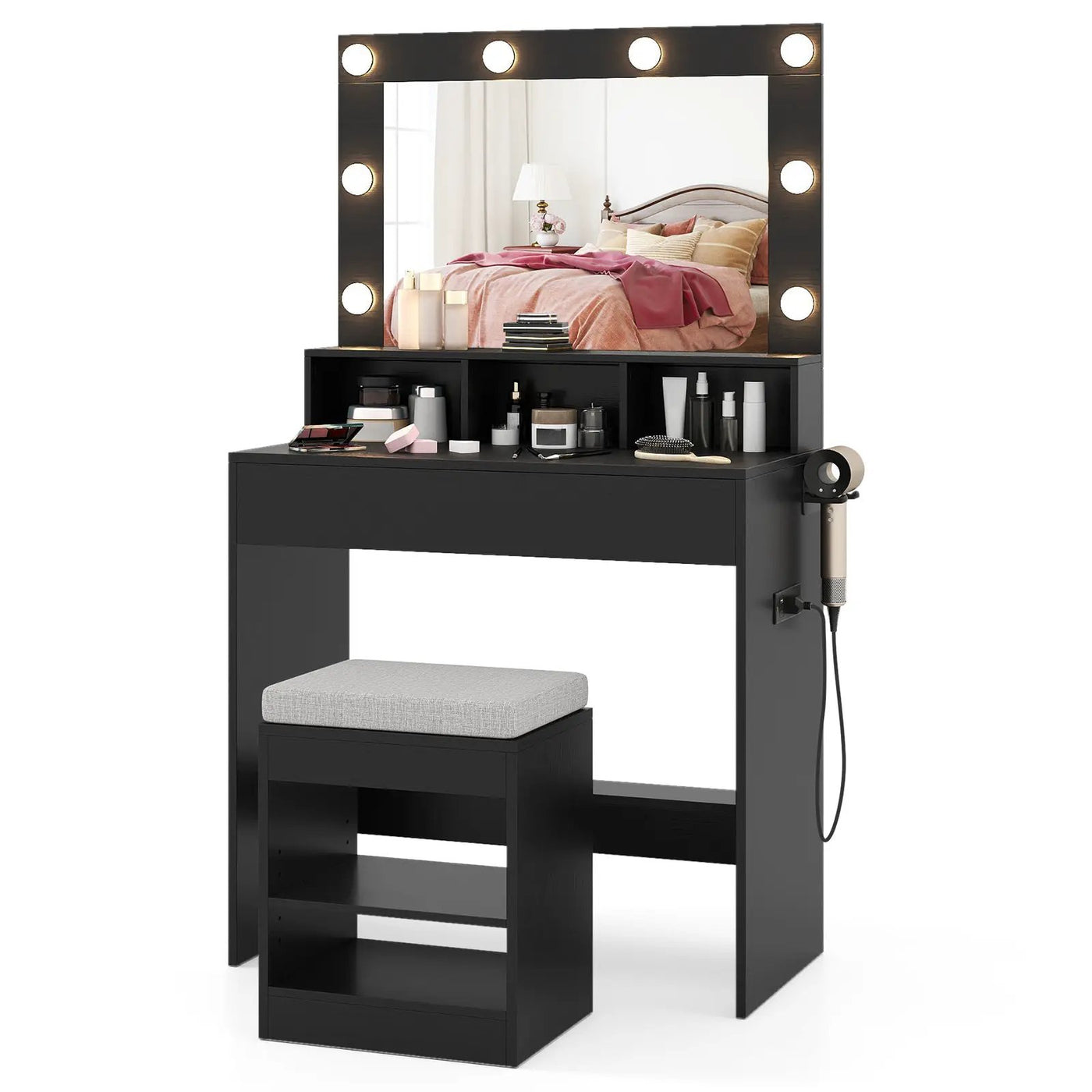 Vanity Table Set with Lighted Mirror and Cushion Stool by DirectDeals