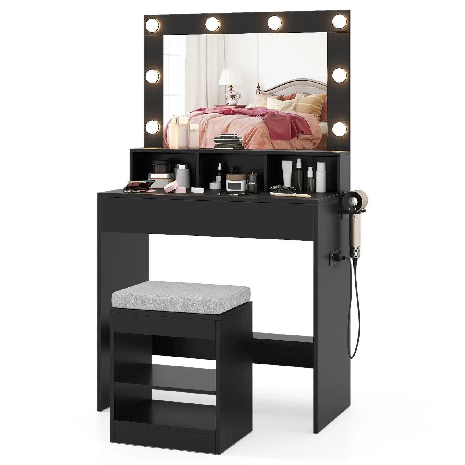 Vanity Table Set with Lighted Mirror and Cushion Stool by DirectDeals