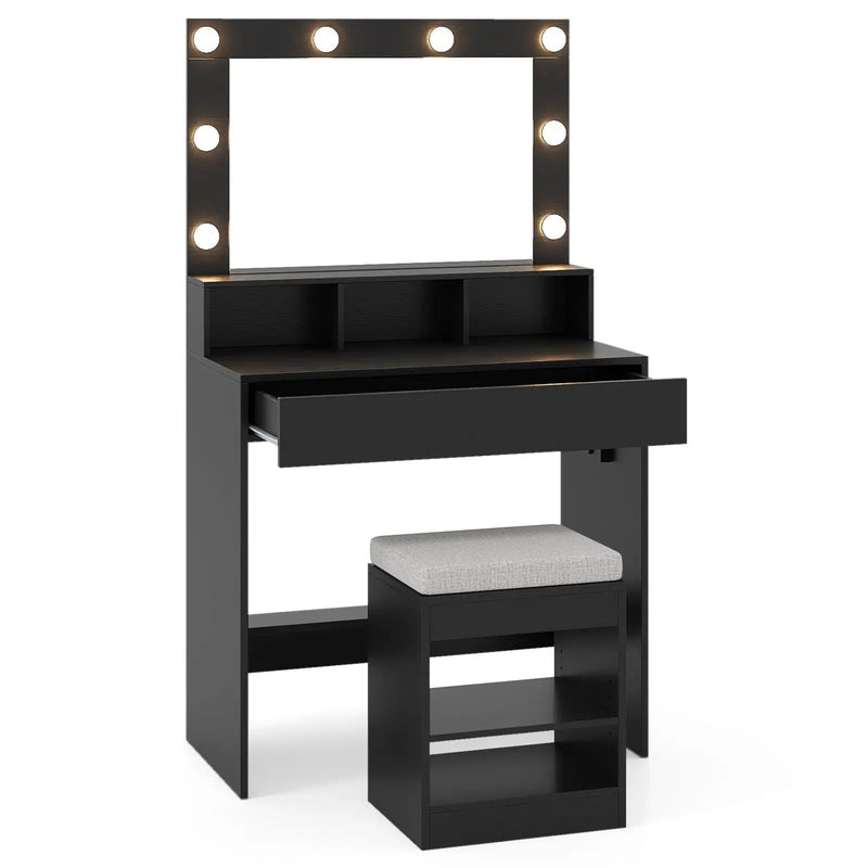 Vanity Table Set with Lighted Mirror and Cushion Stool by DirectDeals