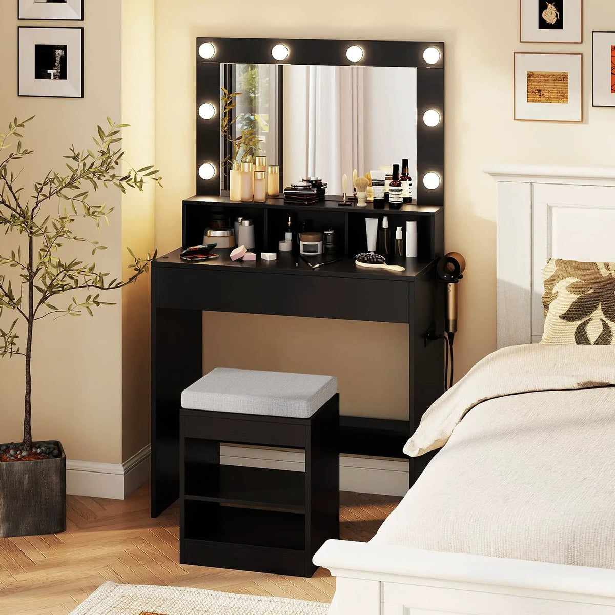 Vanity Table Set with Lighted Mirror and Cushion Stool by DirectDeals