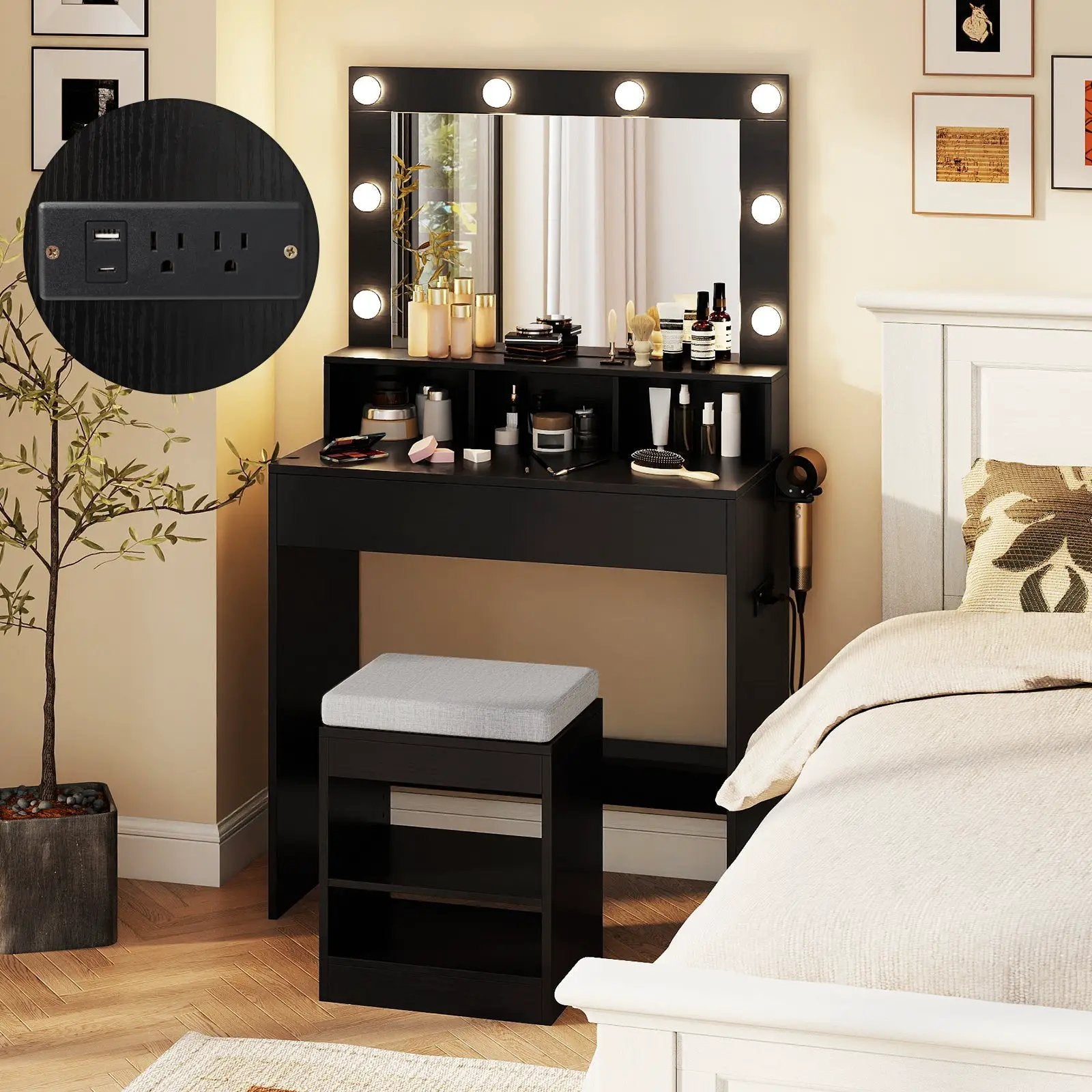 Vanity Table Set with Lighted Mirror and Cushion Stool by DirectDeals