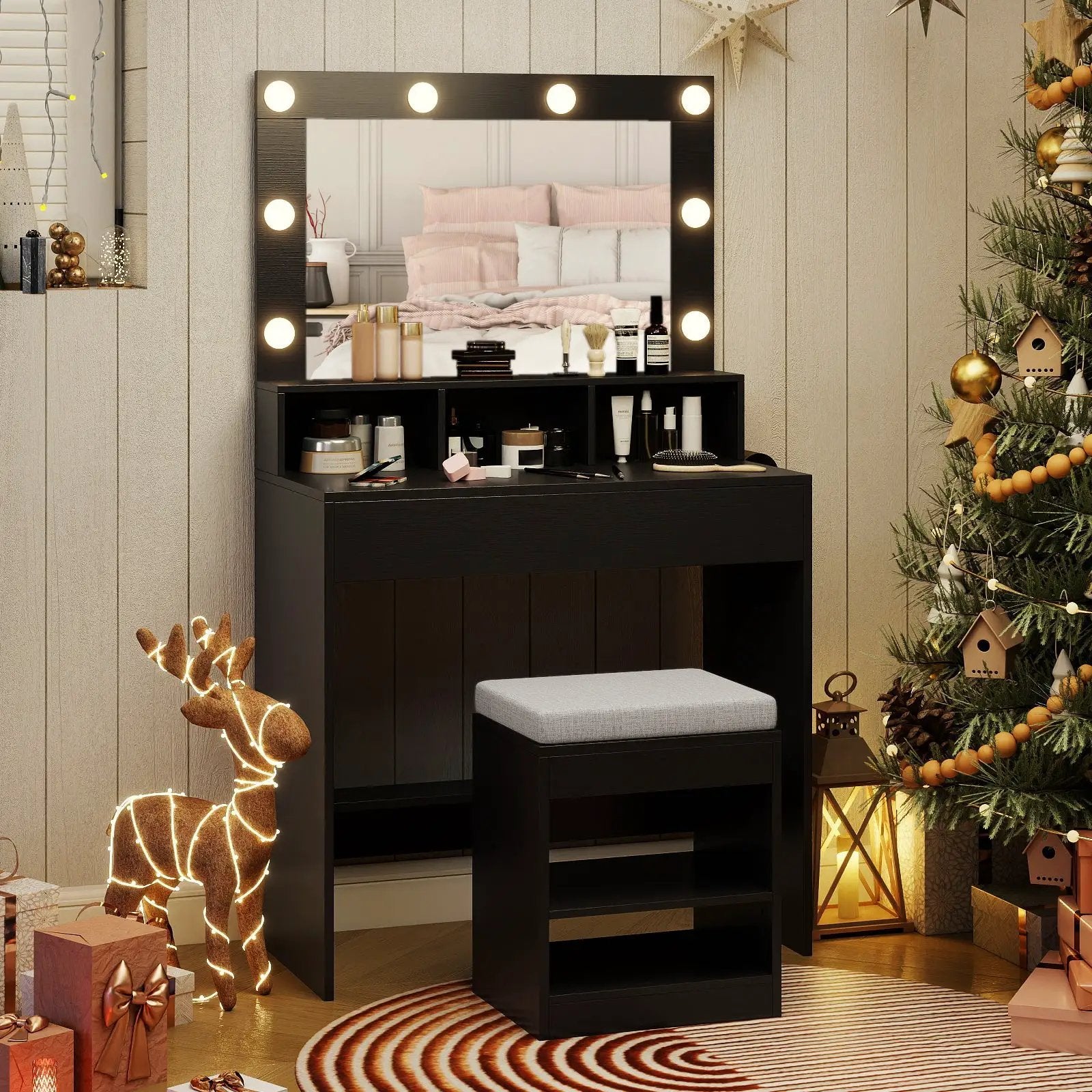 Vanity Table Set with Lighted Mirror and Cushion Stool by DirectDeals
