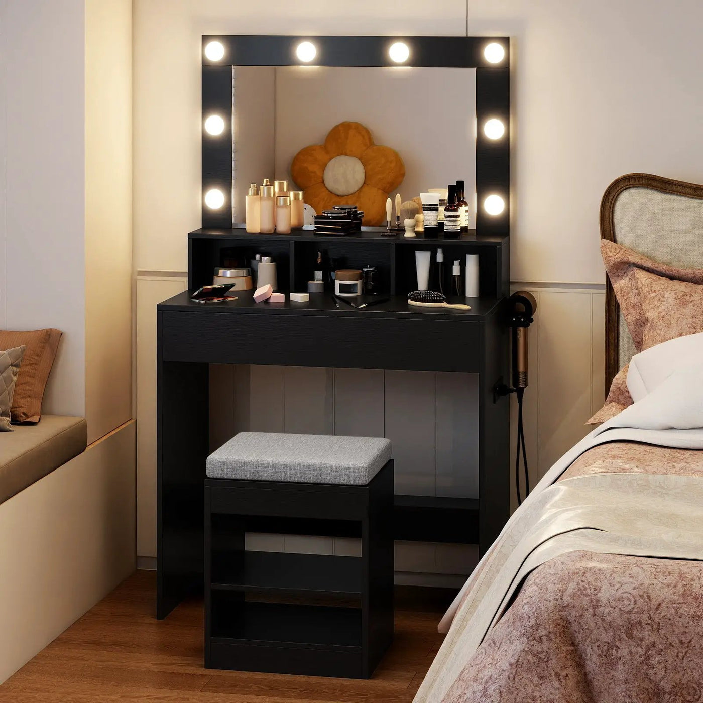Vanity Table Set with Lighted Mirror and Cushion Stool by DirectDeals