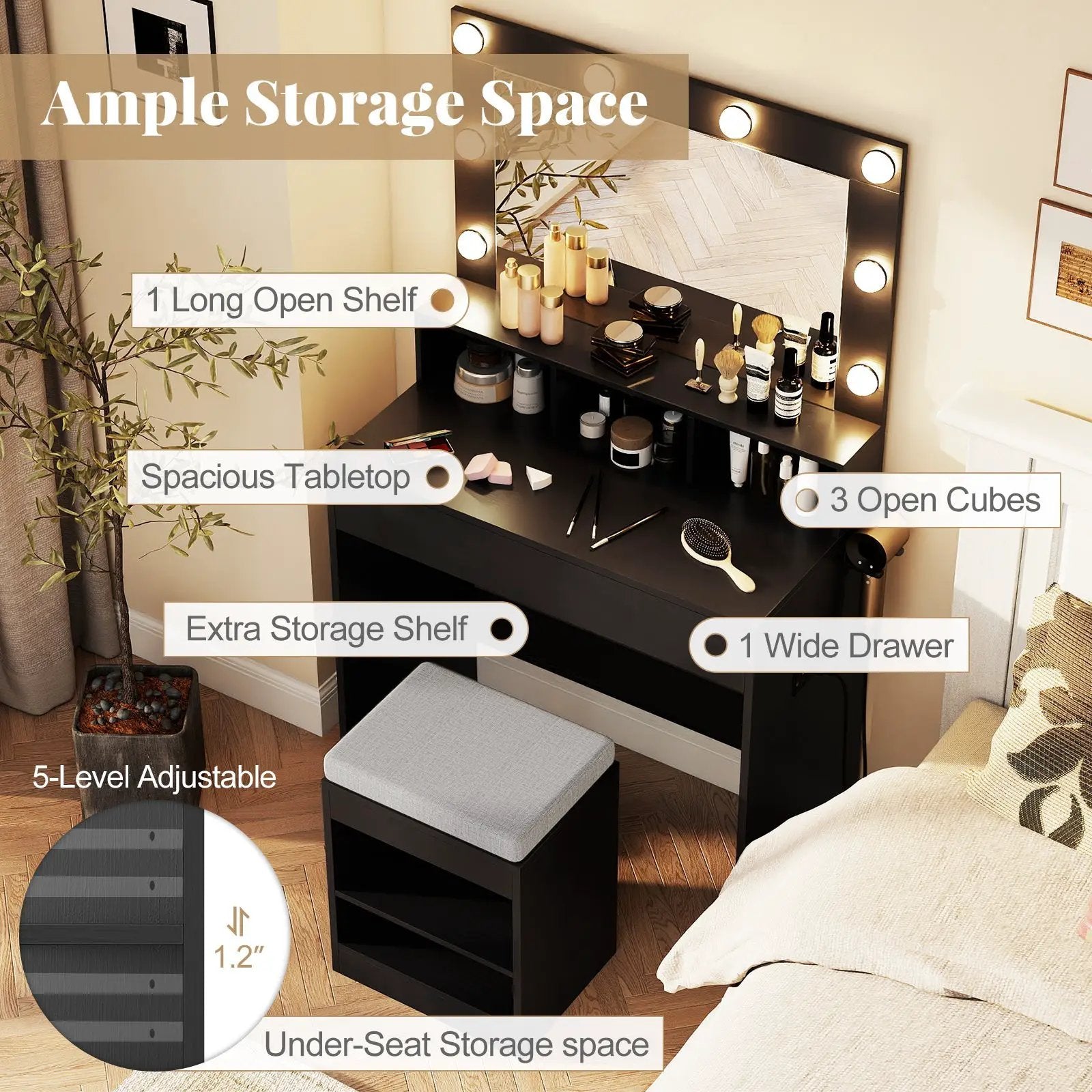 Vanity Table Set with Lighted Mirror and Cushion Stool by DirectDeals
