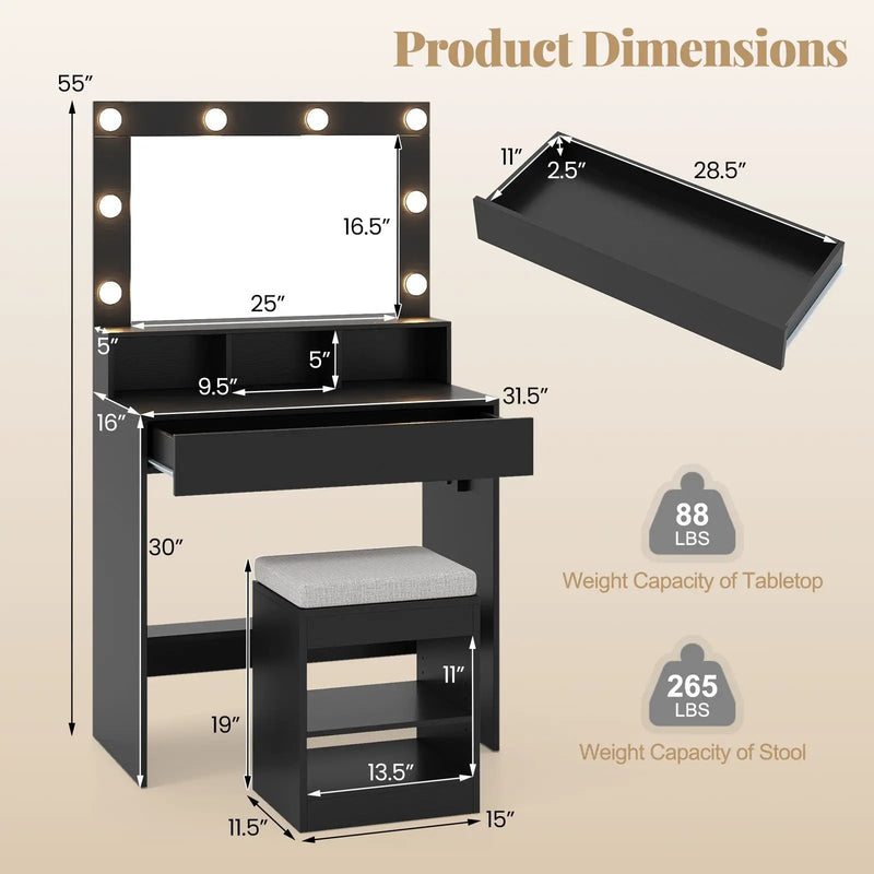 Vanity Table Set with Lighted Mirror and Cushion Stool by DirectDeals