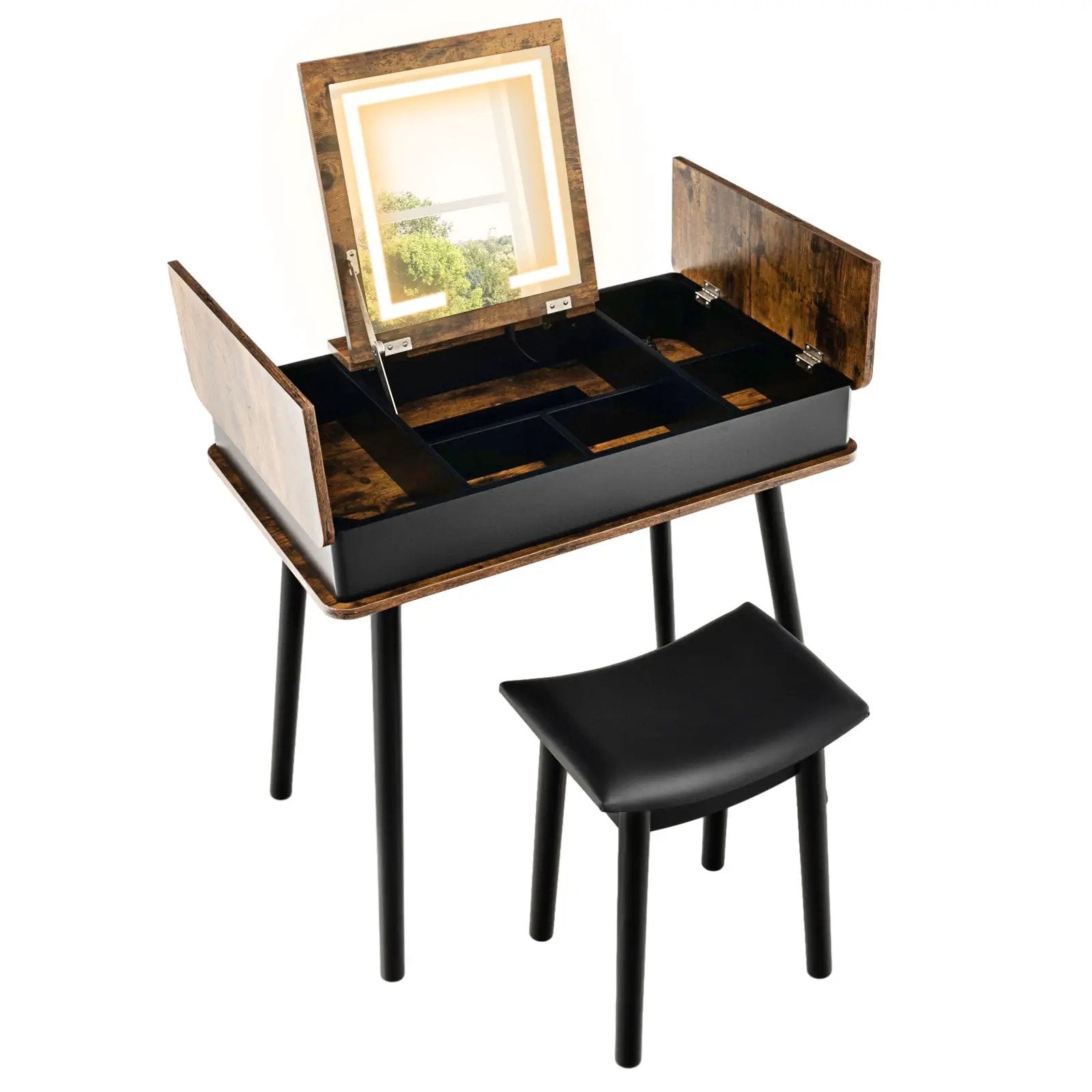 Vanity Table Set with Flip Top Mirror Lights USB Writing Desk and Stool-Brown by DirectDeals