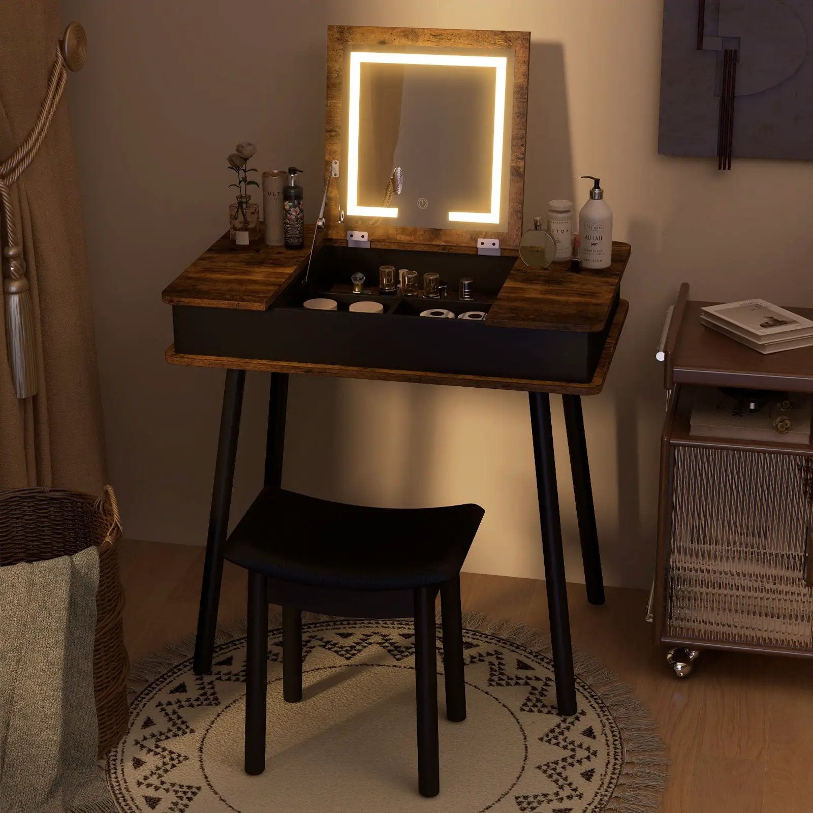 Vanity Table Set with Flip Top Mirror Lights USB Writing Desk and Stool-Brown by DirectDeals