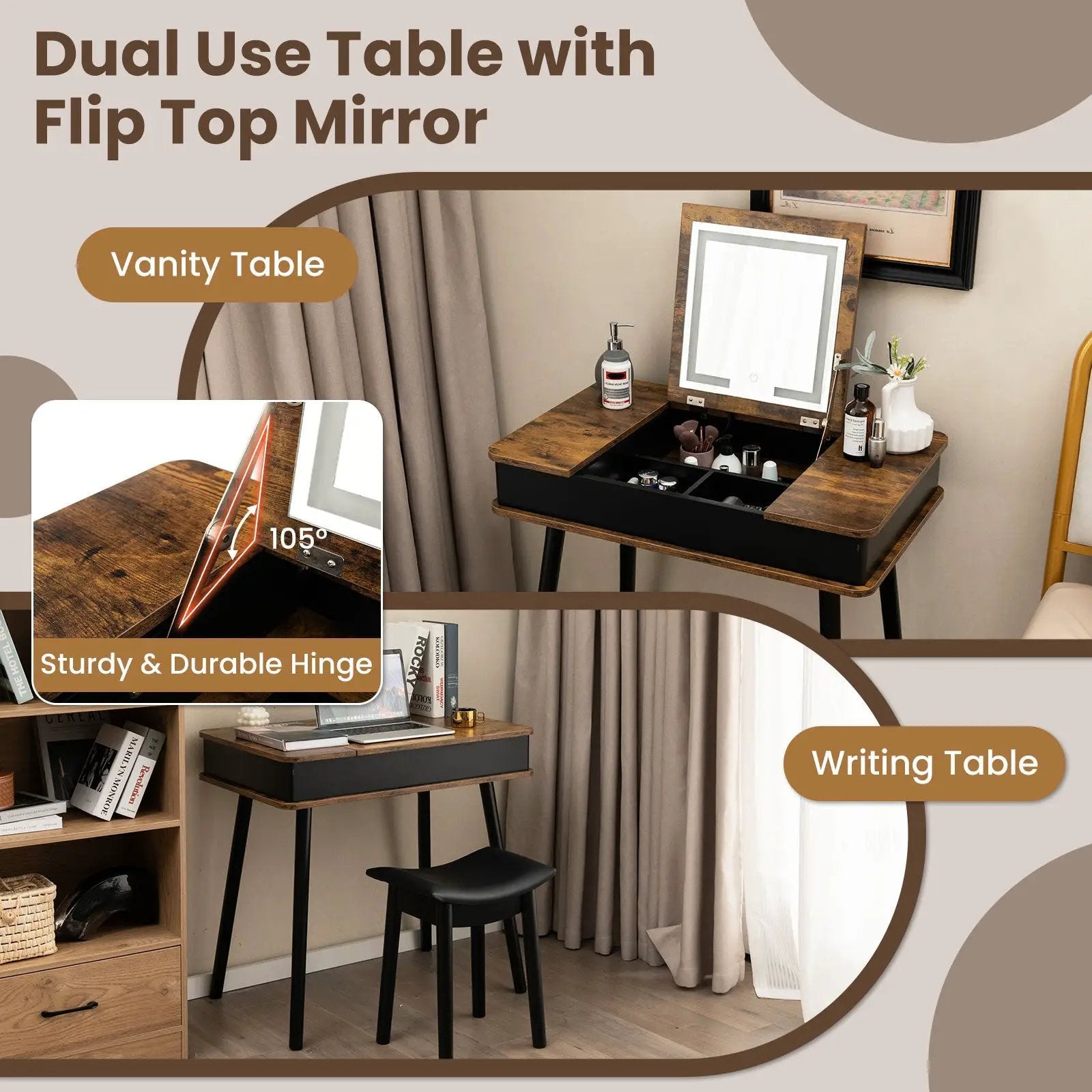 Vanity Table Set with Flip Top Mirror Lights USB Writing Desk and Stool-Brown by DirectDeals