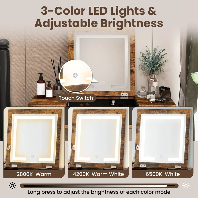 Vanity Table Set with Flip Top Mirror Lights USB Writing Desk and Stool-Brown by DirectDeals