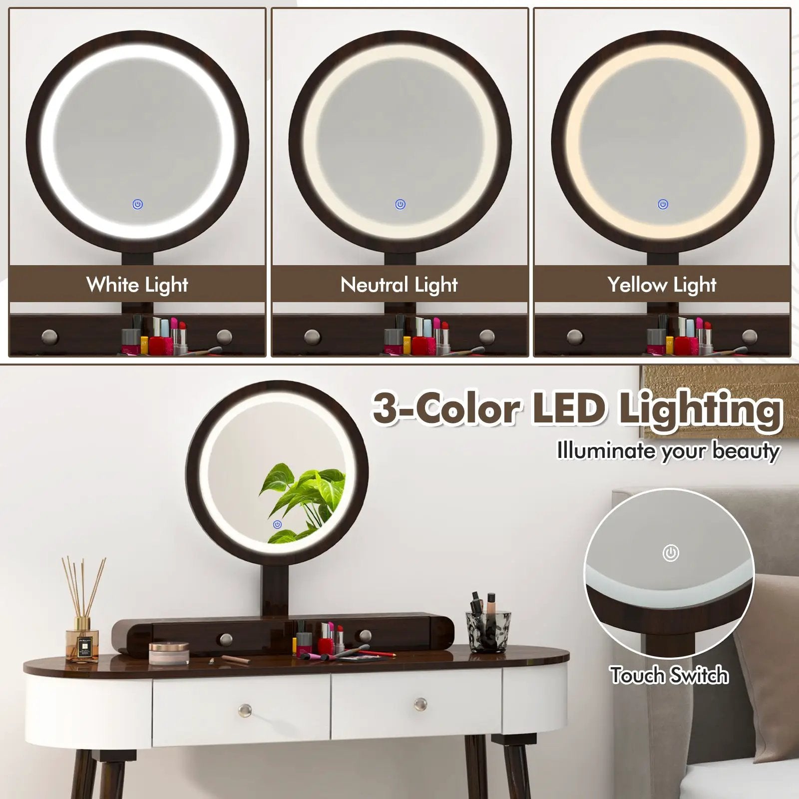 Makeup Vanity Table Set with LED Mirror and 3 Spacious Drawers by DirectDeals