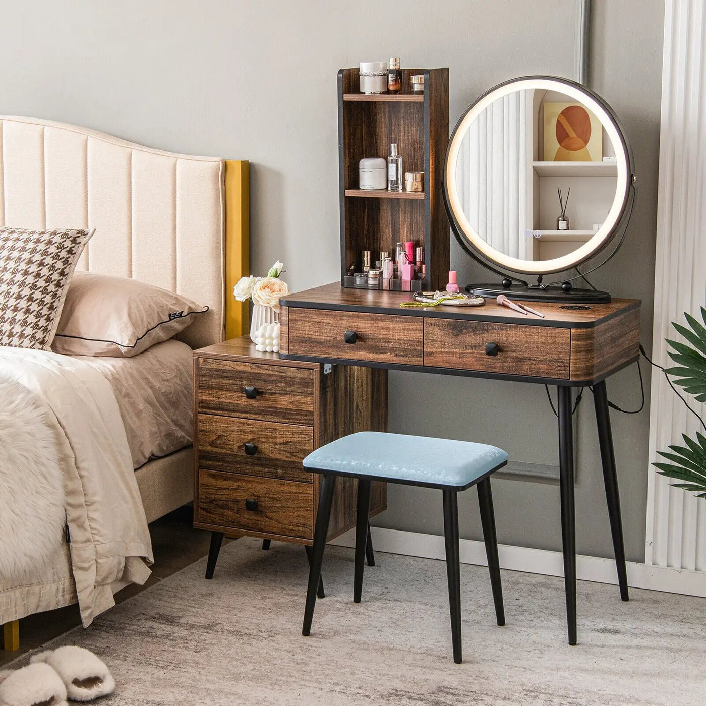 Vanity Table Set with 3-Color Lighted Mirror and Cushioned Stool by DirectDeals