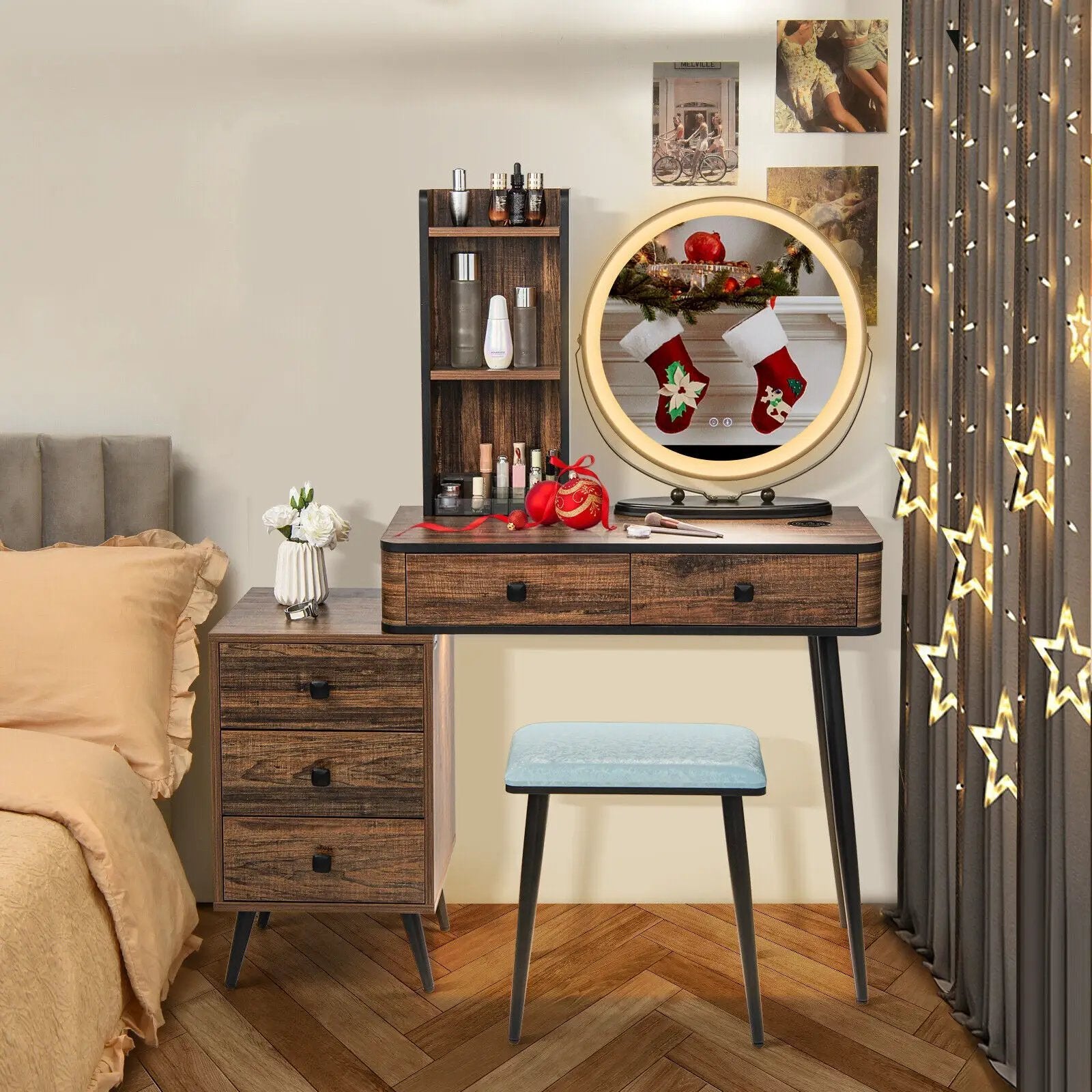 Vanity Table Set with 3-Color Lighted Mirror and Cushioned Stool by DirectDeals