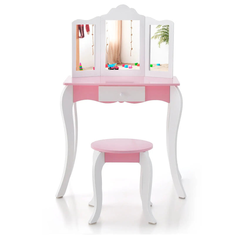 Kid's Wooden Vanity Table and Stool Set with 3-Panel Acrylic Mirror-White by DirectDeals