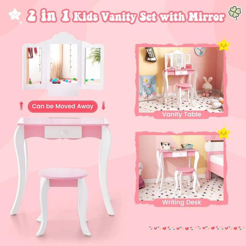 Kid's Wooden Vanity Table and Stool Set with 3-Panel Acrylic Mirror-White by DirectDeals