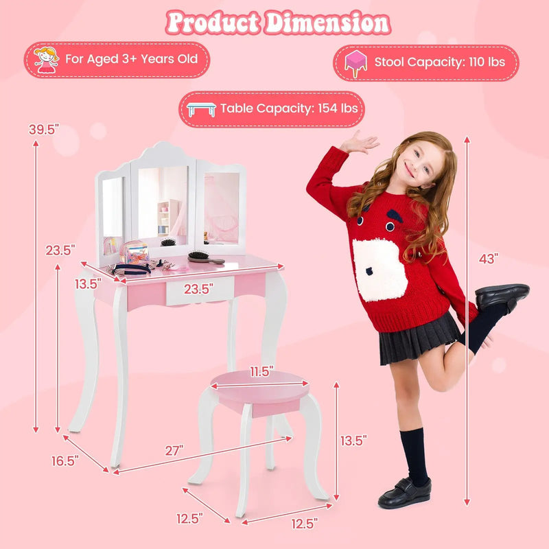 Kid's Wooden Vanity Table and Stool Set with 3-Panel Acrylic Mirror-White by DirectDeals