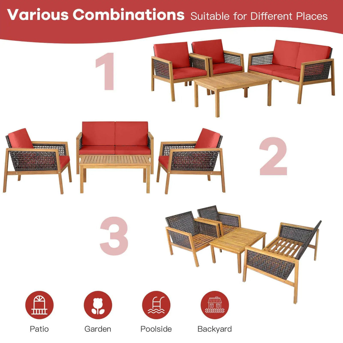 4 Pieces Patio Rattan Furniture Set with Removable Cushions by DirectDeals
