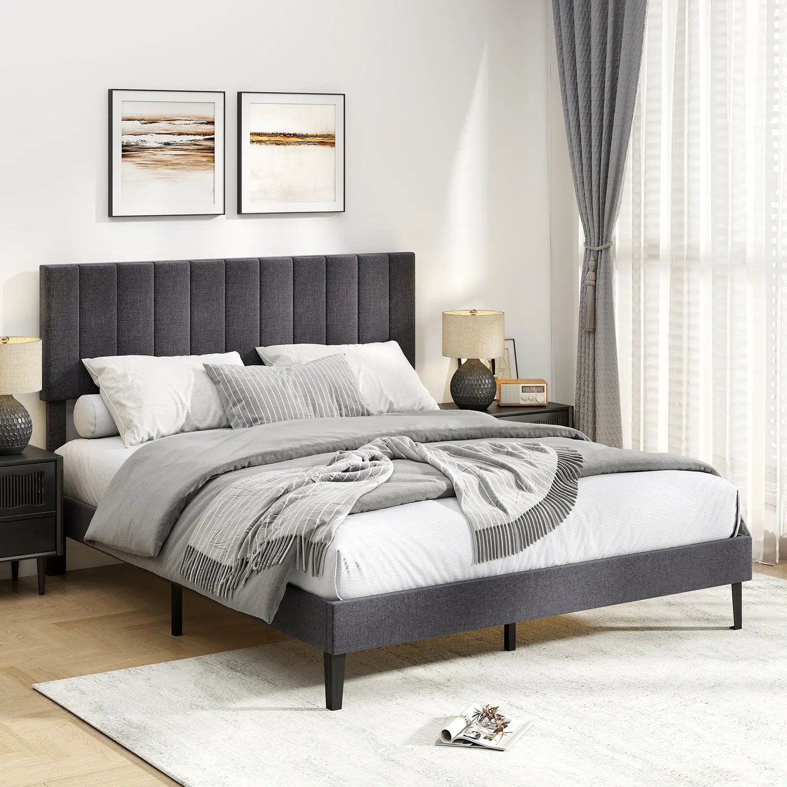 Velvet Upholstered Platform Bed with Height Adjustable Vertical Channel Headboard by DirectDeals