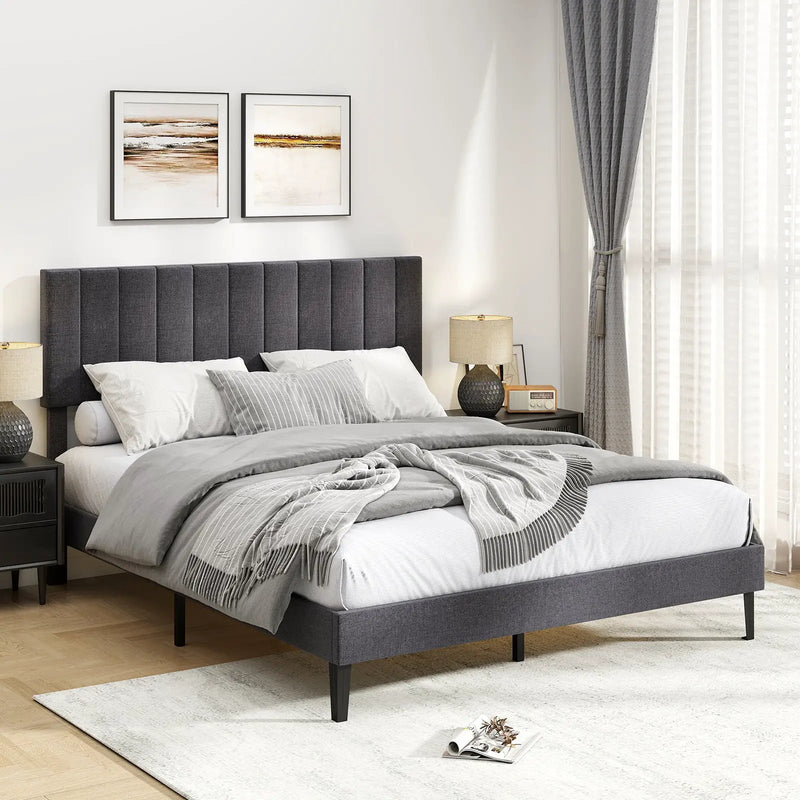 Velvet Upholstered Platform Bed with Height Adjustable Vertical Channel Headboard by DirectDeals