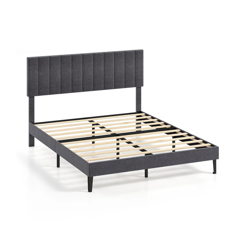 Velvet Upholstered Platform Bed with Height Adjustable Vertical Channel Headboard by DirectDeals