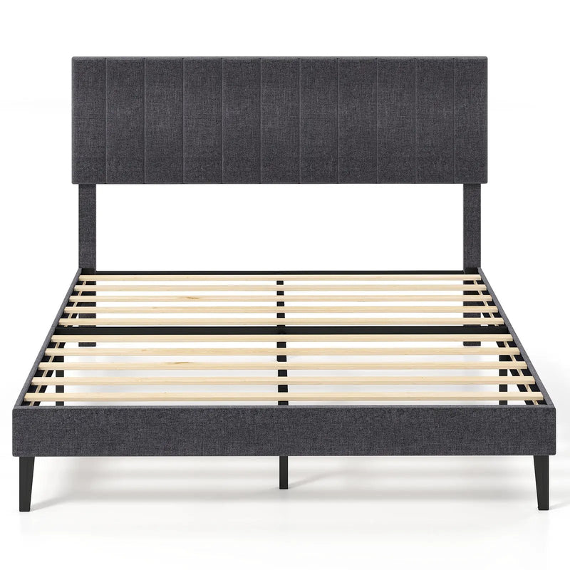 Velvet Upholstered Platform Bed with Height Adjustable Vertical Channel Headboard by DirectDeals