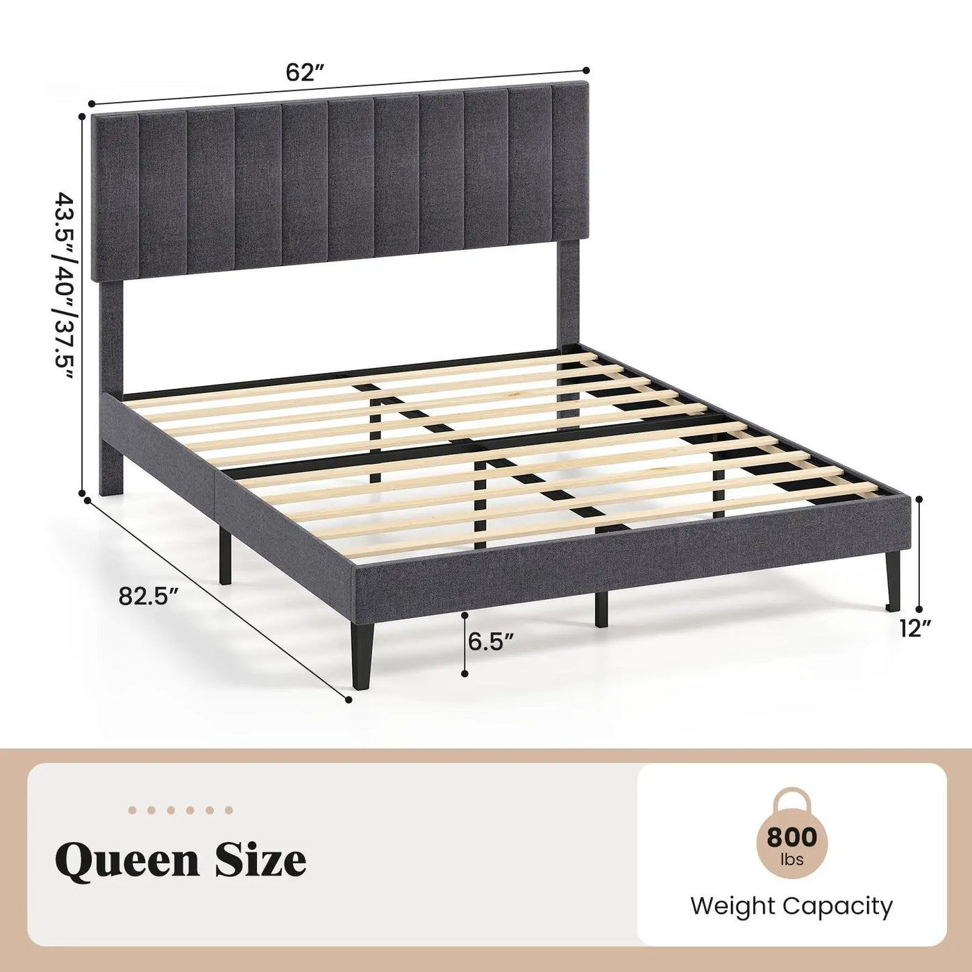 Velvet Upholstered Platform Bed with Height Adjustable Vertical Channel Headboard by DirectDeals