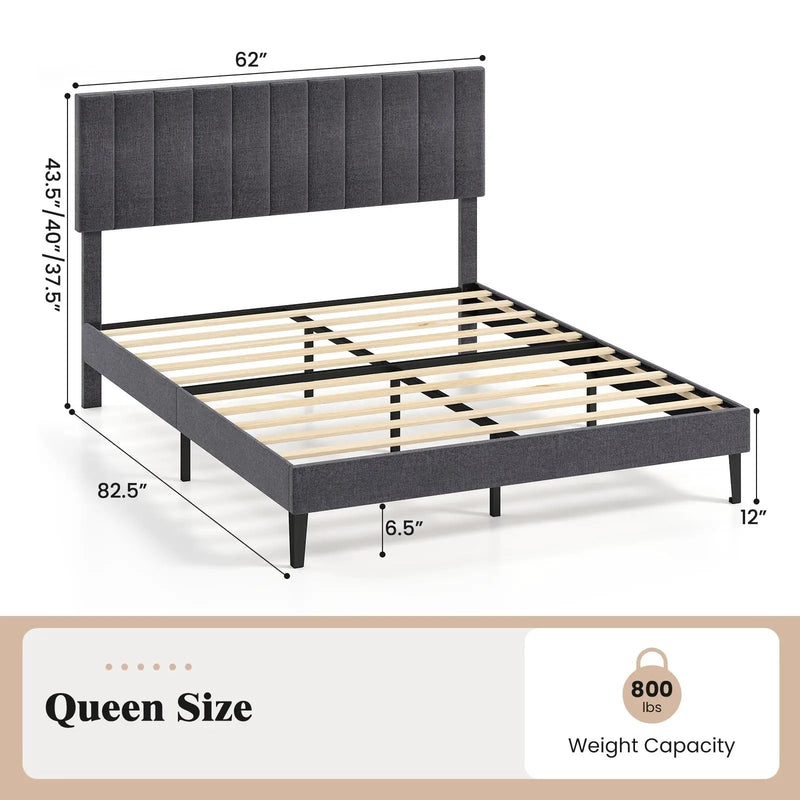 Velvet Upholstered Platform Bed with Height Adjustable Vertical Channel Headboard by DirectDeals