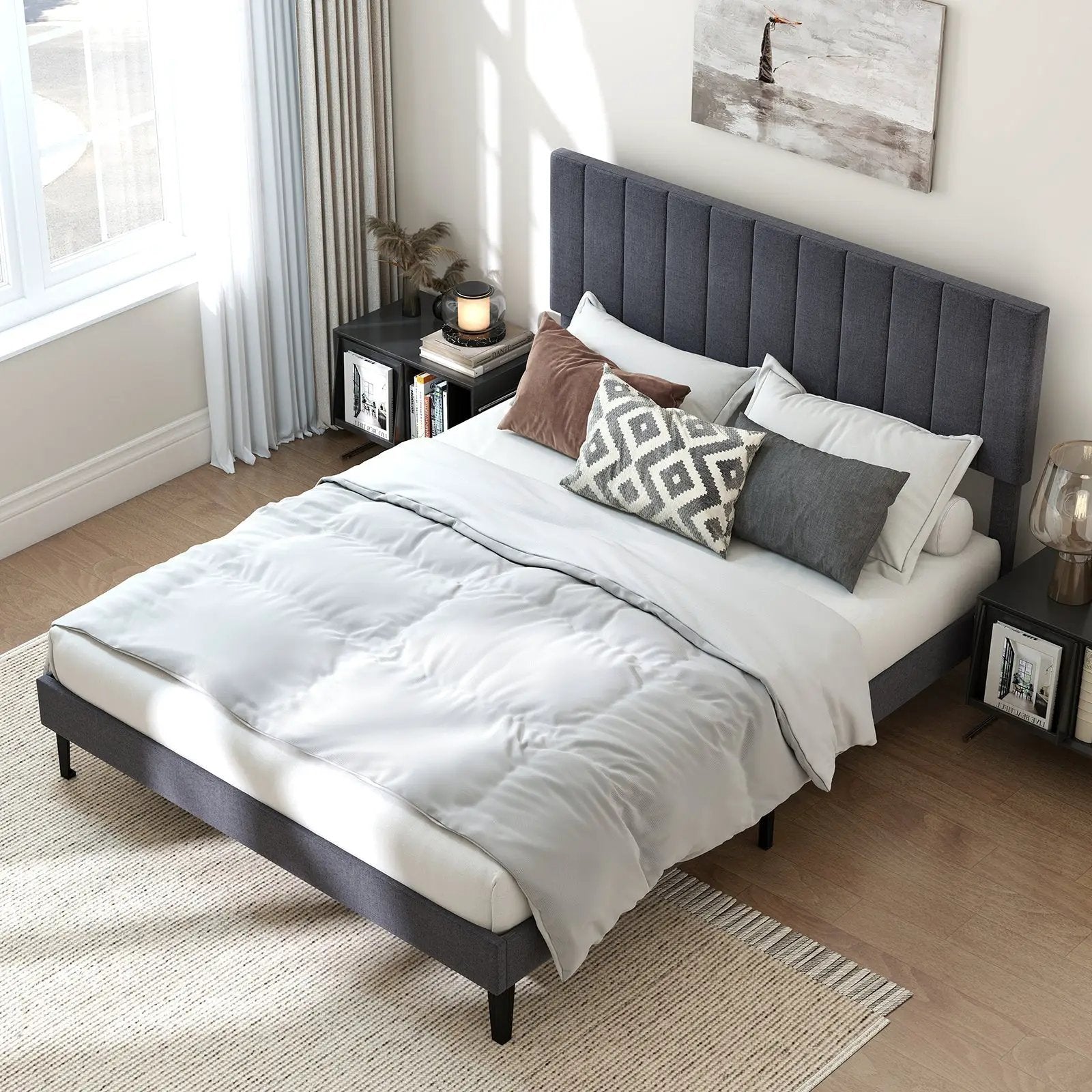 Velvet Upholstered Platform Bed with Height Adjustable Vertical Channel Headboard by DirectDeals
